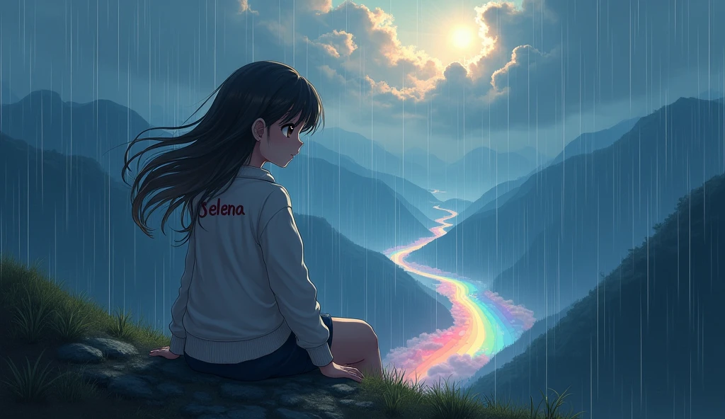 Anime girl sitting in the mountains and heavy rain , A picture of a rainbow-colored river cloud named Selena written on the back of her t-shirt