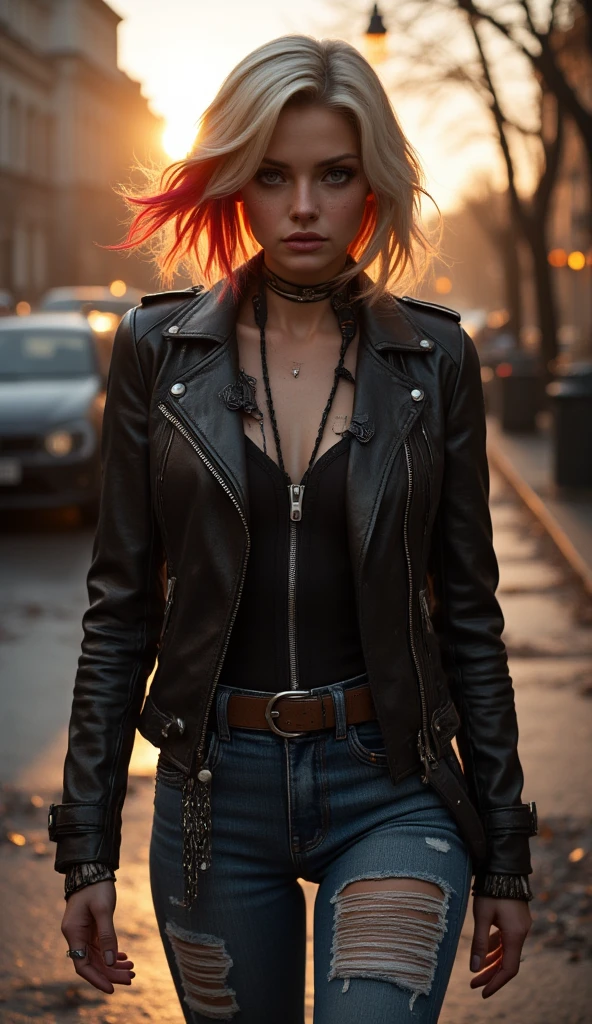 Feminine punk girl with blond hair combed to the right and dyed red hair ends, in a leather biker jacket, torn jeans with patches, a detailed face, brown eyes, a pretty nose with a small ring-piercing in the left nostril, the girl walks along the street of evening autumn St. Petersburg, in the background the setting sun,