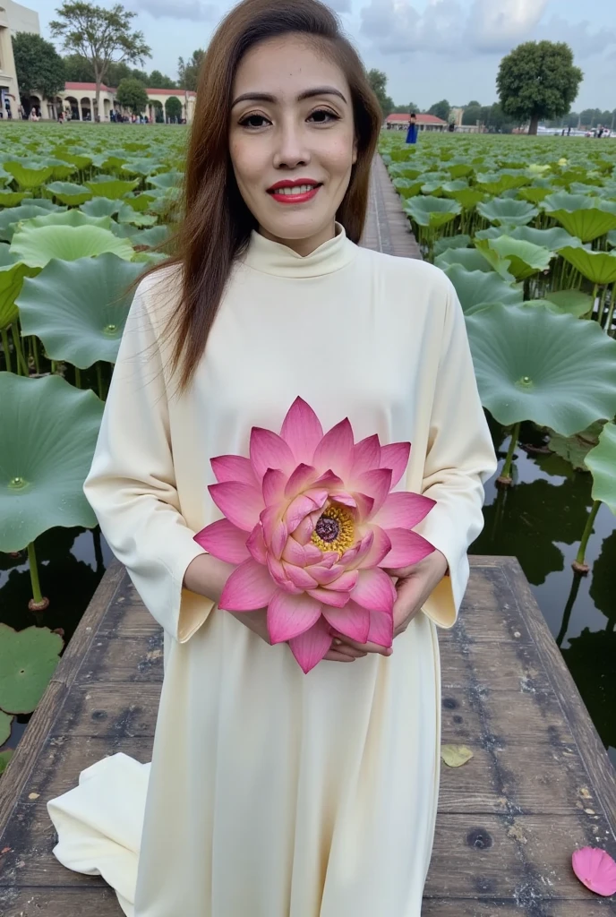 Bui Hiep, A serene young girl stands on a weathered wooden boat amidst a tranquil lotus pond,adorned in a flowing white gown with a high neckline and long,billowy sleeves,crafted from delicate silk fabric. Her luscious brown locks cascade down her back. She cradles an abundance of majestic lotus flowers in her hands,their petals a gentle whisper of pink. Her gaze meets the camera,a soft,enigmatic smile playing on her lips,her dreamy eyes brimming with wistful longing.,