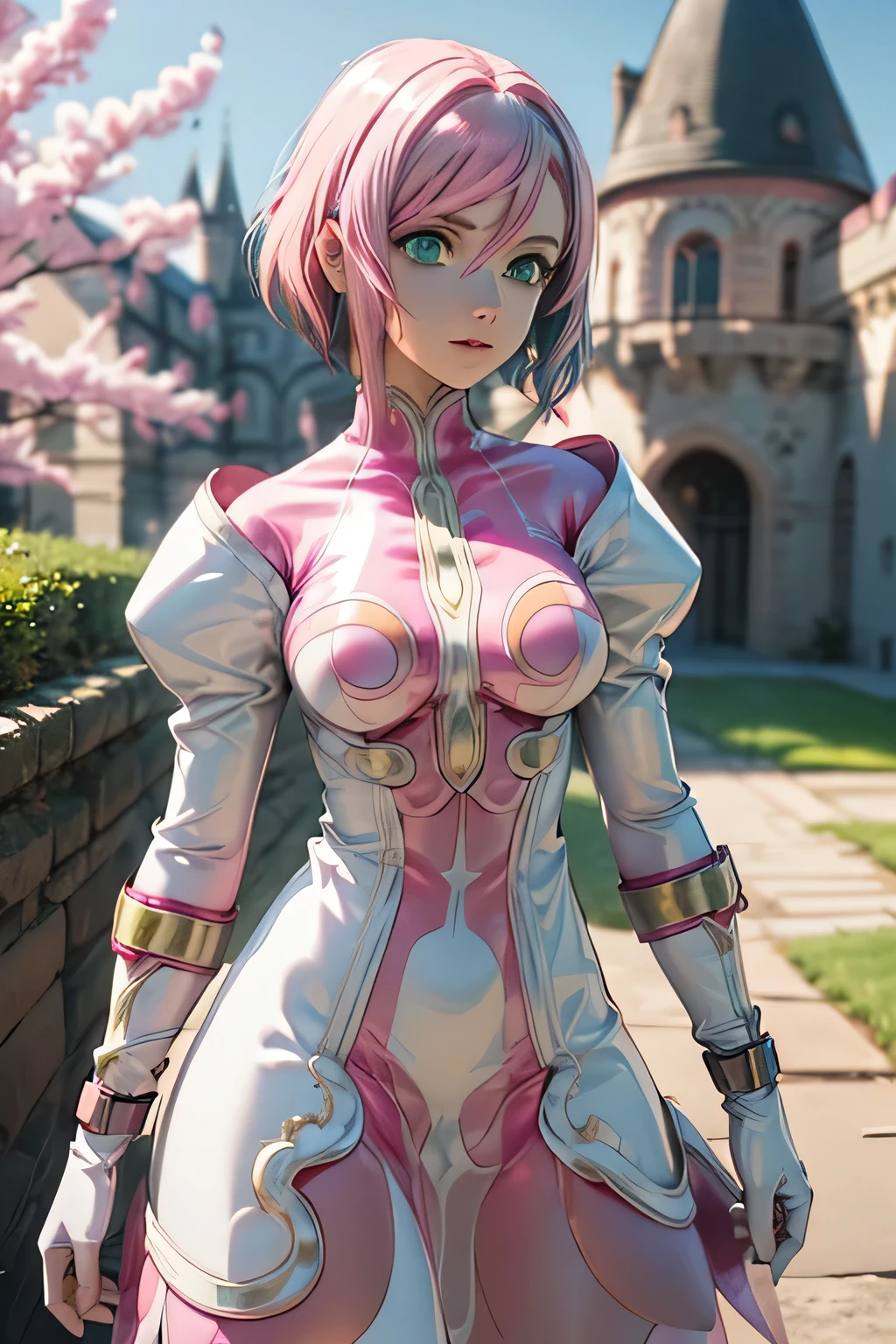  perfect anatomy　 best quality, highest resolution,(((white shiny latex dress　Green Eyes　 pink hair　small breasts)))　Estellise　[blurry]　16k　Castle