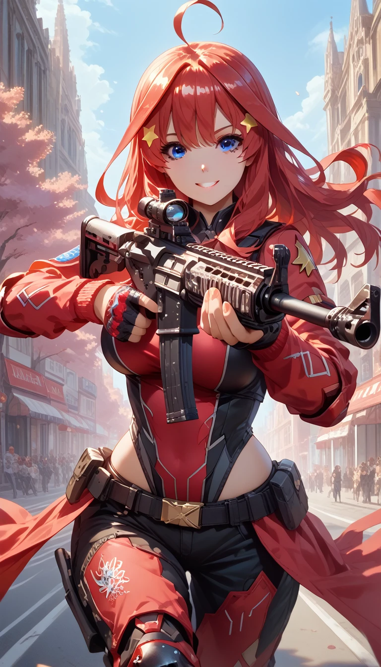 ultra-detailed, 1girl, itsuki nakano, ((masterpiece)), (best quality), (highres), 16K, perfect face, bangs, blue eyes, hair between eyes, ahoge, red hair, star \(symbol\), hair ornament, star hair ornament, wearing tactical clothes, black thong, knee pads, busty body, large breasts and a beautiful ass, showcasing cleavage, legs, hips, holding assault rifle, looking at viewer, smile, detailed full body, streets background