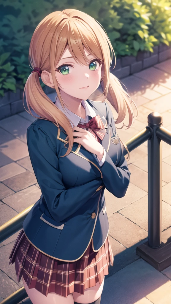 masterpiece, best quality, highres, 1girl, solo, blonde hair, low twintails, green eyes, School uniform, red bow, striped bow, blazer, blue jacket, long sleeves, plaid skirt, brown skirt, black thighhighs, outdoors, cowboy shot, standing, looking at viewer,