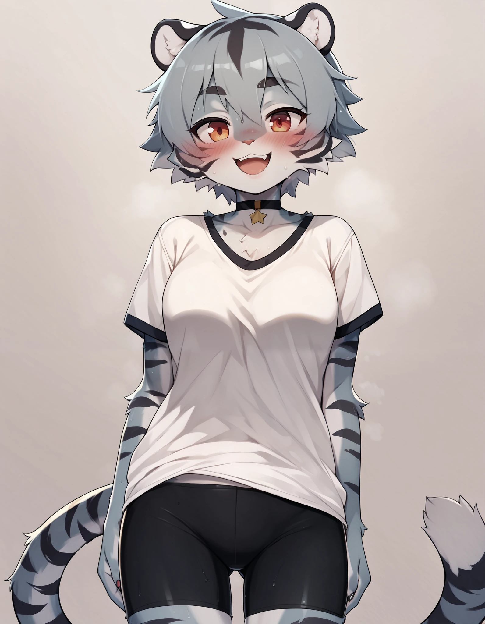 Masterpiece, Best Quality, Best Score, Best Anatomy,
 hetero, body fur, 1girl, furry female, solo focus, smile, happy, :D, sweat, short hair, animal ears, nose blush, furry antho tiger, grey fur, spots, tiger stripes, cowboy shot, looking at viewer, loose shirt, bike shorts,  choker,