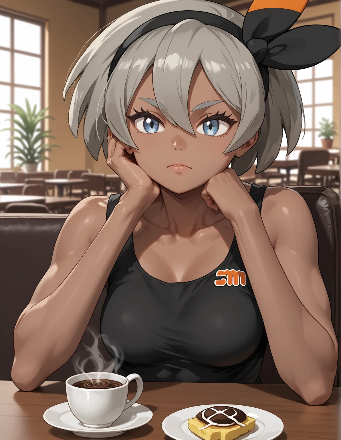  best quality, anime screencap, 1girl, solo, medium breasts, pokemonbea, blue eyes, dark skin, dark-skinned female, grey hair, hair between eyes, short hair, pokemon, pokemon_(anime), pokemon_journeys, pokemon_sv, pokemon_bw2, cafe, sitting, table, coffee, arm rest, hand on own cheek, 