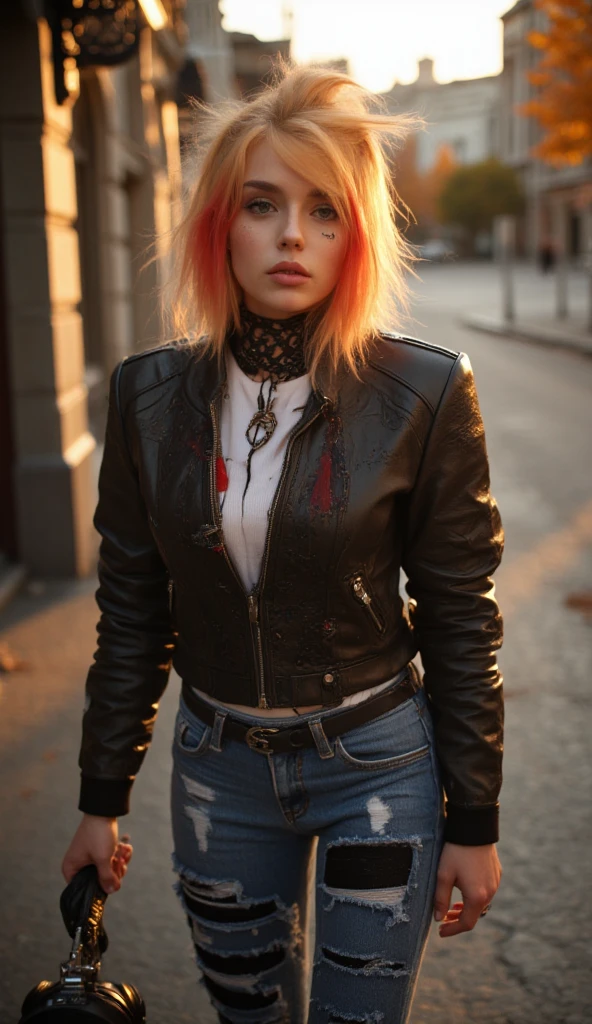 Feminine punk girl with blond hair combed to the right and dyed red hair ends, in a leather biker jacket, torn jeans with patches, a detailed face, brown eyes, a pretty nose with a small ring-piercing in the left nostril, the girl walks along the street of evening autumn St. Petersburg, in the background the setting sun,