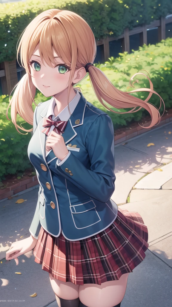 masterpiece, best quality, highres, 1girl, solo, blonde hair, low twintails, green eyes, red bow, striped bow, blazer, blue jacket, long sleeves, plaid skirt, brown skirt, black thighhighs, outdoors, cowboy shot, standing, looking at viewer,