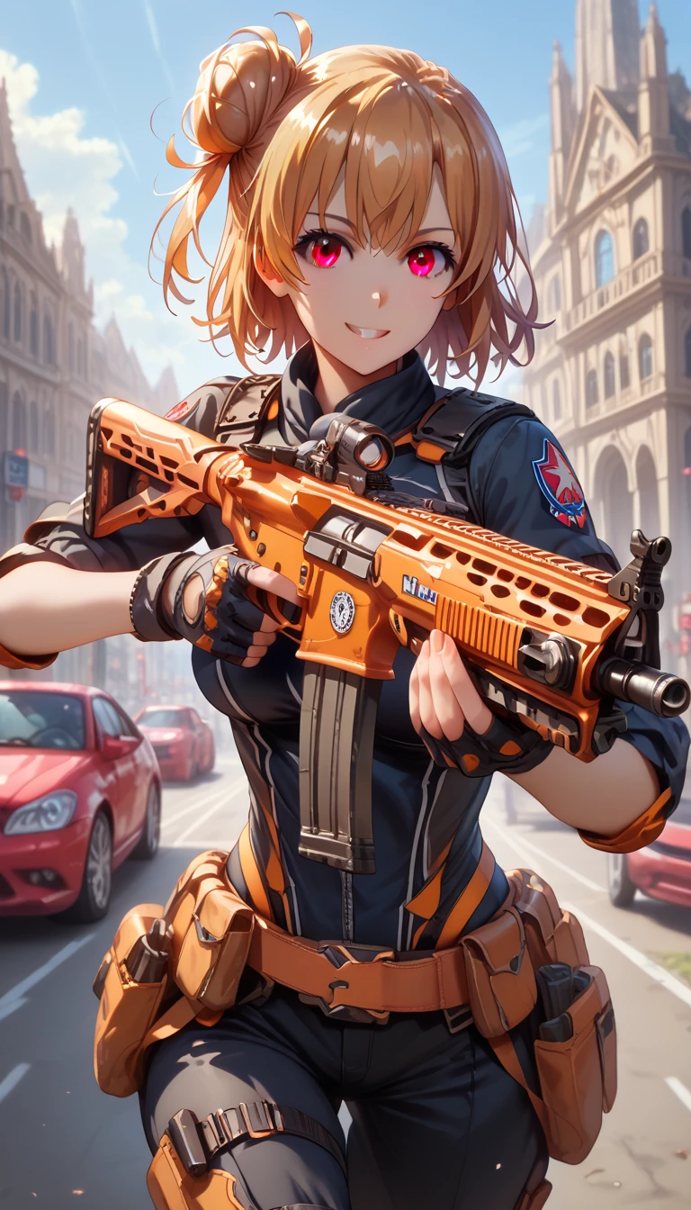 ultra-detailed, 1girl, yui yuigahama, (masterpiece)), (best quality), (highres), 16K, short hair, brown eyes, orange hair, hair bun, single hair bun, wearing tactical clothes, black panties, tactical belt, nee pads, busty body, large breasts and a beautiful ass, showcasing cleavage, legs, hips, holding assault rifle, looking at viewer, smile, detailed face, detailed hair, detailed full body, streets background