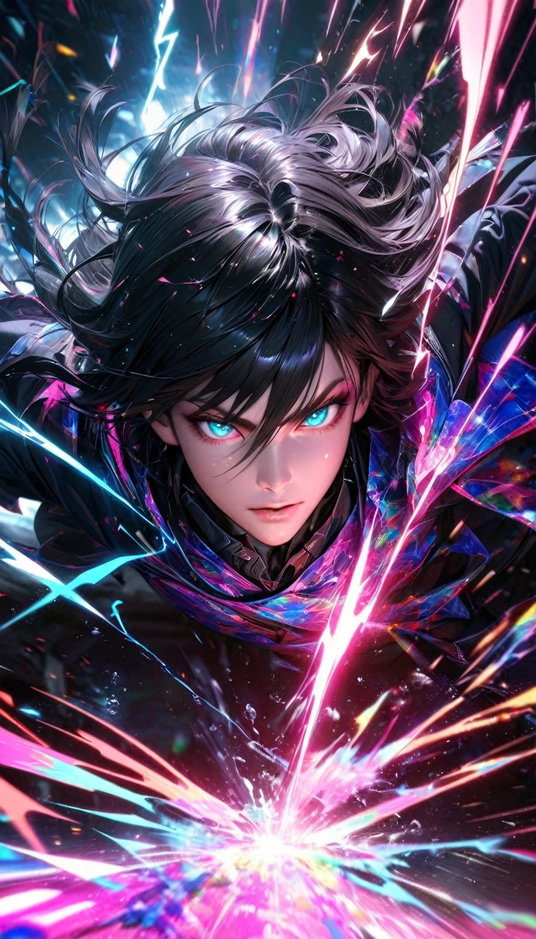  High quality, ultra realistic,absurdres, highres, ultra detailed, HDR, masterpiece, extremely detailed face and eyes,  long black haired ,, long black hair , , solo, ,man, handsome, ,,  , Epic fight scene, cool colorful splashing effect,epic colorful lightning  effect,amazing glowing glitters , ,, symetrical , colorful sparking