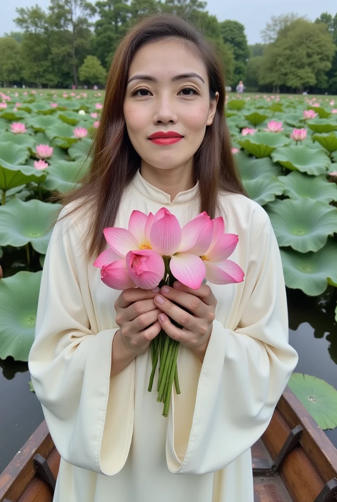 Bui Hiep, A serene young girl stands on a weathered wooden boat amidst a tranquil lotus pond,adorned in a flowing white gown with a high neckline and long,billowy sleeves,crafted from delicate silk fabric. Her luscious brown locks cascade down her back. She cradles an abundance of majestic lotus flowers in her hands,their petals a gentle whisper of pink. Her gaze meets the camera,a soft,enigmatic smile playing on her lips,her dreamy eyes brimming with wistful longing.,