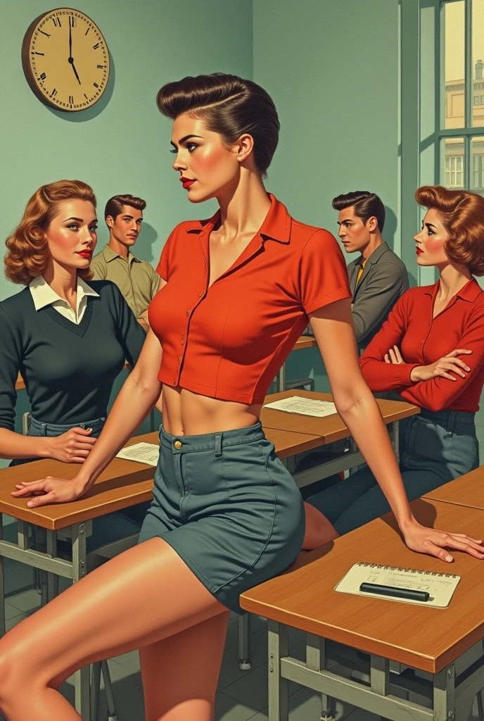 Soviet girl on propaganda poster. Naked, cowgirl pose. Saved pussy. Blue eyes. Brown hair. Looking at camera. Unrealistically big ass. Open mouth. Moaning. Full body. Slim face. legs spreading to the sides. Sitting on teachers table in classroom with legs spread wide open. View from below. Riding on a man, making him cum.