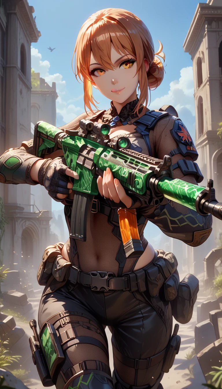 1 mature female, yuigahamama, ultra-detailed, ((masterpiece)), (best quality), (highres), 16K, orange eyes, orange hair, single hair bun, wearing tactical clothes, wearing black panties, black gloves, tactical belt, thigh boots, busty body, large breasts and a beautiful ass, showcasing cleavage, legs, hips, looking at viewer, holding assault rifle, smile, detailed face, detailed hair, detailed full body, ruins background