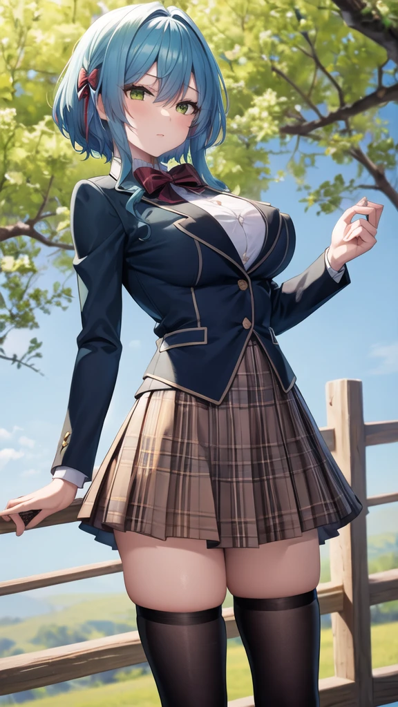 masterpiece, best quality, highres, aavillhaze, short hair, green eyes, breasts, red bow, striped bow, blazer, blue jacket, long sleeves, plaid skirt, brown skirt, black thighhighs, outdoors, cowboy shot, standing, looking at viewer,