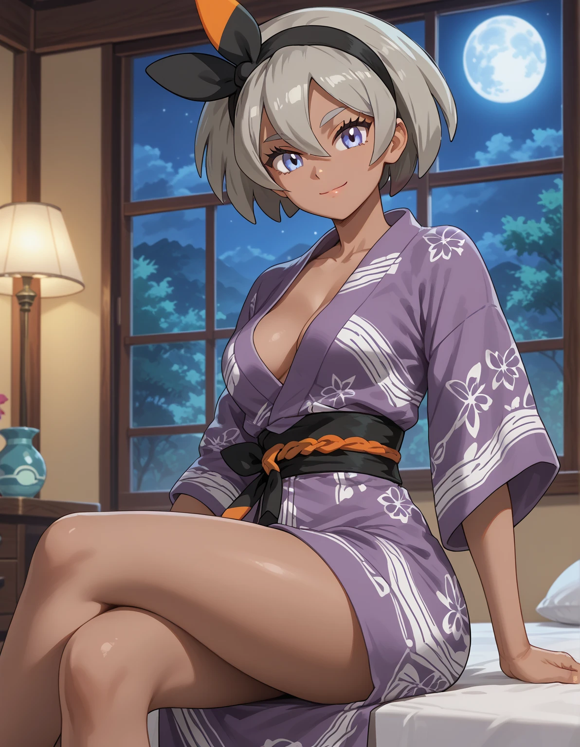  best quality, anime screencap, 1girl, solo, medium breasts, pokemonbea, blue eyes, dark skin, dark-skinned female, grey hair, hair between eyes, short hair, pokemon, pokemon_(anime), pokemon_journeys, pokemon_sv, pokemon_bw2, girl, solo, closed mouth, light smile, yukata, purple kimono, open kimono, breast, sitting, crossed legs, looking at viewer, indoors, window, night, moon, anime screencap