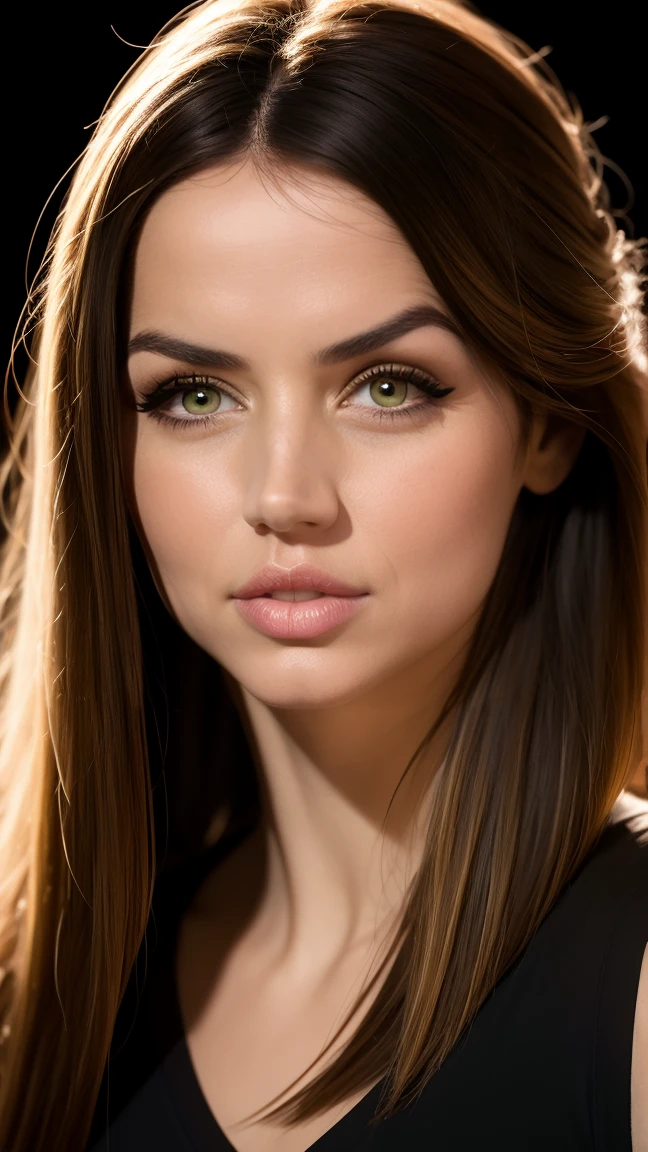 A seductive portrait of a woman, (medium shot), tanktop, brown hair, (straight hair:1.5), skin texture, digital painting, illustration, (masterpiece, best quality:1.2), high details, contrasting lighting, (black background:1.5) 