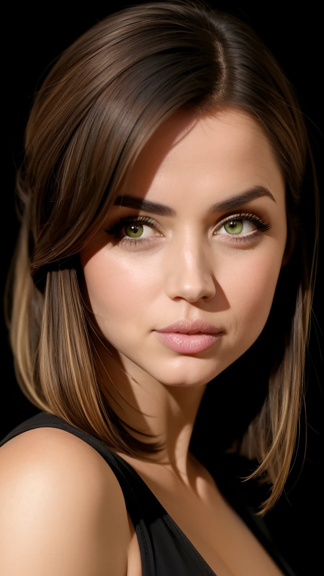 A seductive portrait of a woman, (medium shot), tanktop, brown hair, (straight hair:1.5), skin texture, digital painting, illustration, (masterpiece, best quality:1.2), high details, contrasting lighting, (black background:1.5) 