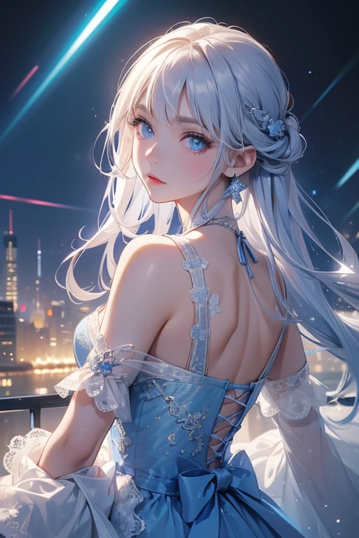 Create a high-energy scene aboard the 'Early Adopter's Cruiser,' with a beautiful girl at the center of a glamorous party on the ship's deck. The background must be blue, illuminated by soft moonlight reflecting on the ocean. Surround the scene with Bitcoin coins and dollar bills, floating in the air, adding a touch of luxury and success to the atmosphere.