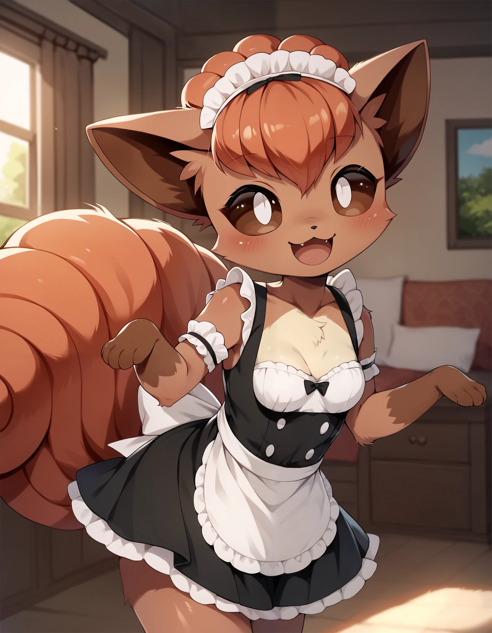 score_9, score_8_up, score_7_up, score_6_up,  rating_questionable, 1girl, furry female, anthro, (furry, anthro:1.2) (detailed fluffy fur), solo, furry female, pokemon (creature),,vulpix , cute, ,pokemon, (small breasts), ,cute, cute eyes, cute head), (beautifully detailed face, oily shiny skin), (detailed eyes, sharp eyes, clear pupils:0.8), masterpiece, happy, hands empty, smile,mouth, background living room,house,dressed, wear maid outfit, 