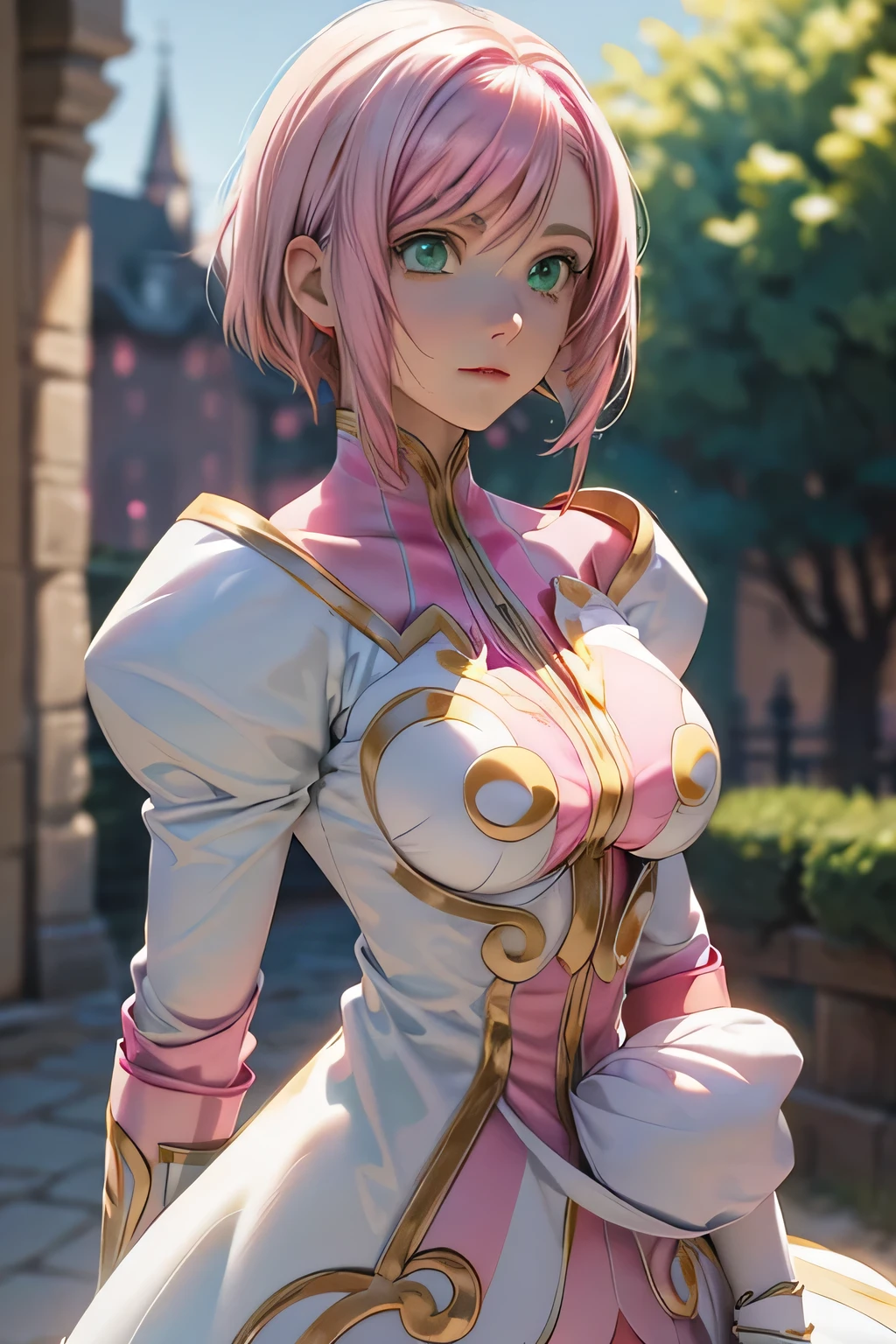  perfect anatomy　 best quality, highest resolution,(((White shiny dress　Green Eyes　 pink hair　small breasts)))　Estellise　[blurry]　16k　Castle