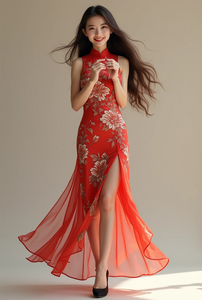 "Beautiful asian woman with long black hair, wearing a red and white design outfit, and has flowers in her hair,wearing red high heels, the woman looks at the camera with a curious expression as she walks,The image was taken from the front with a red flower frame.,The background is matte black"