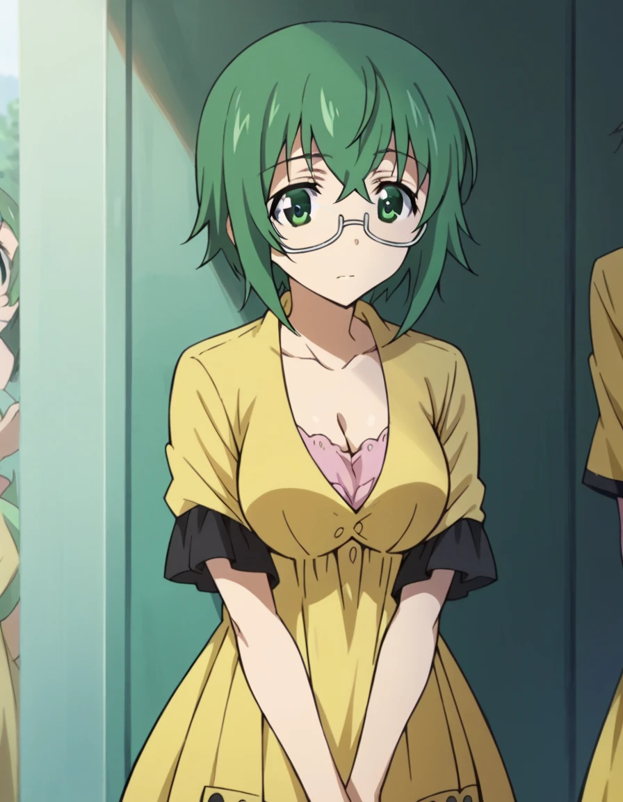 maya yamada, short hair, green eyes, green hair, glasses, semi-rimless eyewear, under-rim eyewear,
dress, cleavage, yellow dress, short sleeves, collarbone