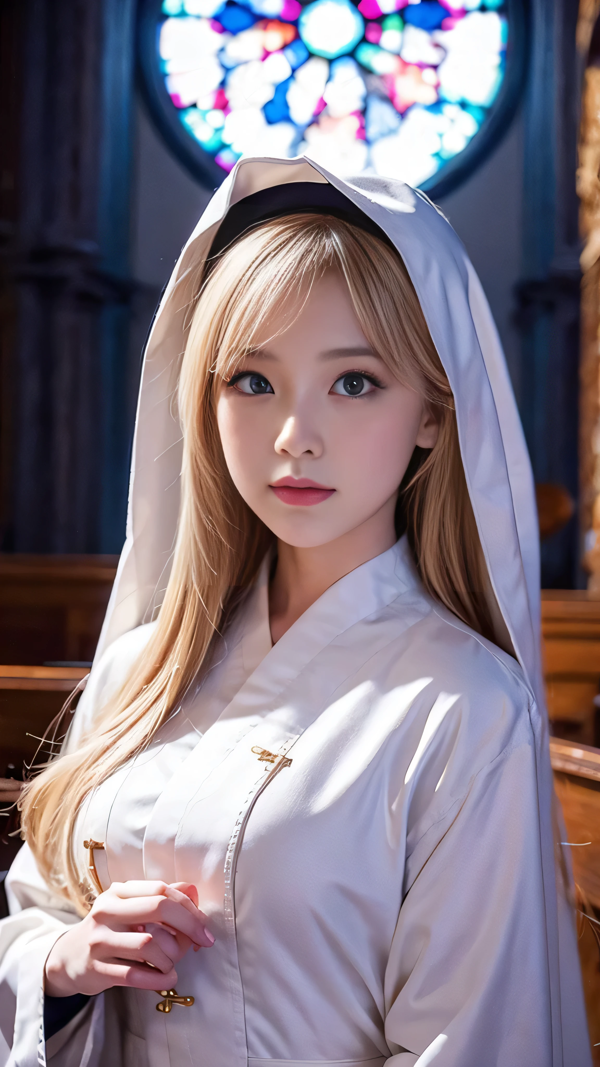 With high definition images，Nuns, cross, Bible,  blond hair, church, Realistic and detailed face、 beautiful full body high quality image of Nuns、Woman in monastic uniform 、 Inside Church's Cathedral 、 light shines through stained glass。