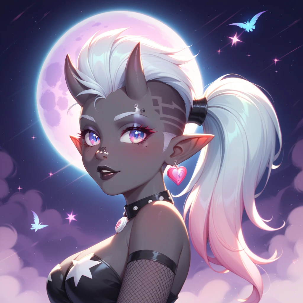 score_9, score_8_up, score_7_up, ((Masterpiece)), ((highres)), ((1person, 1girl, 1female)), Random poses, beautifully detailed succubus girl, ((pastel moon background)), white mohawk w/ponytail, defined elf ears with ear guages, defined eyes, pastel iris, long eye lashes, defined nose, black lipstick, curvy, fishnet, (((Black skin))), black demon horns, breasts, night sky, pastel gothic style, gothic style art, gothic asthetic, (((Johnny Test art style)))
