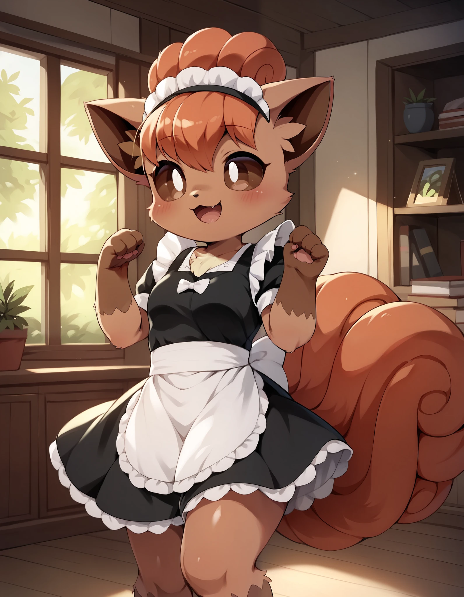 score_9, score_8_up, score_7_up, score_6_up,  rating_questionable, 1girl, furry female, anthro, (furry, anthro:1.2) (detailed fluffy fur), solo, furry female, pokemon (creature),,vulpix , cute, ,pokemon, (small breasts), ,cute, cute eyes, cute head), (beautifully detailed face, oily shiny skin), (detailed eyes, sharp eyes, clear pupils:0.8), masterpiece, happy, hands empty, smile,mouth, background living room,house,dressed, wear maid outfit, 