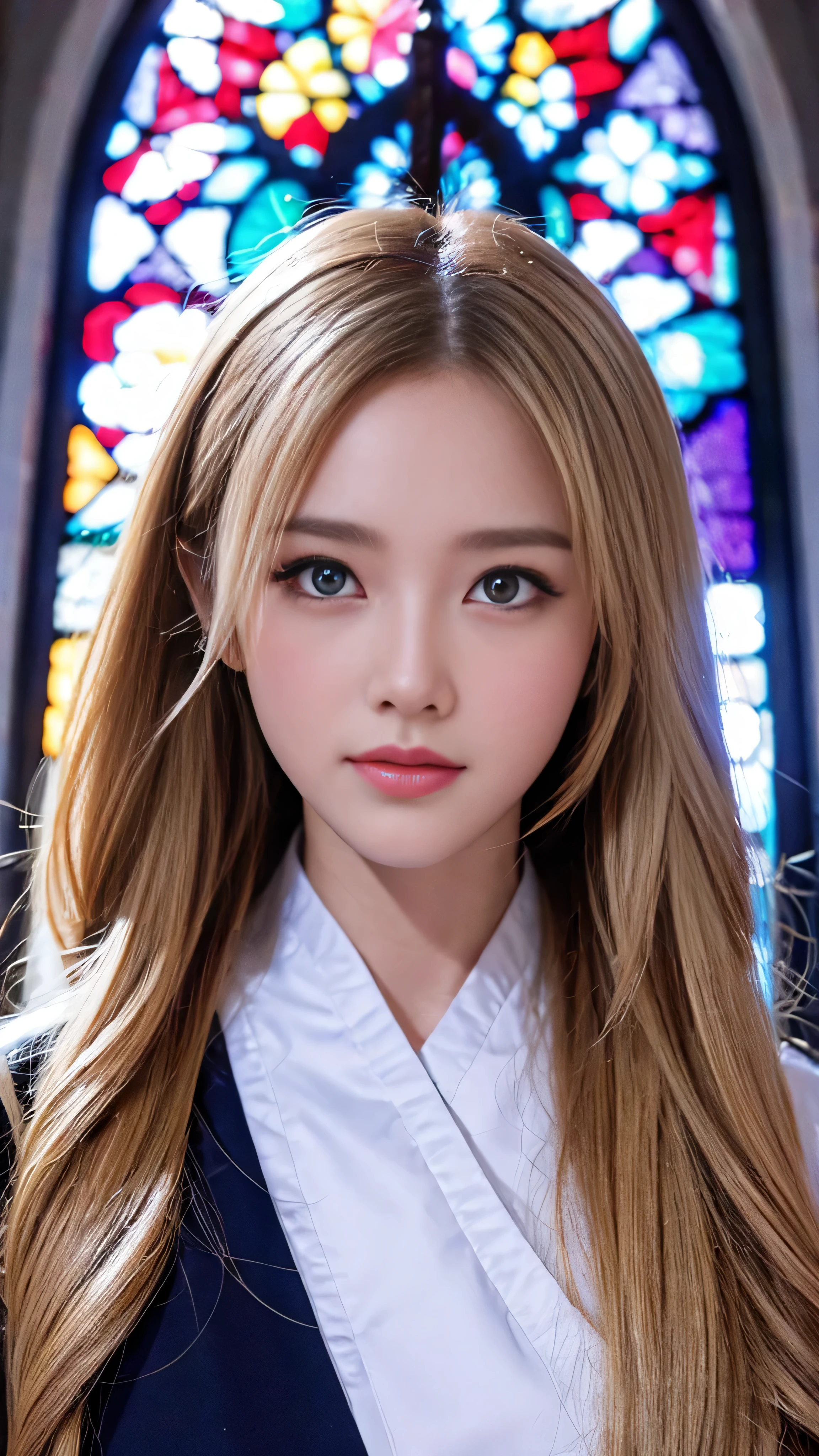 With high definition images，Nuns, cross, Bible,  blond hair, church, Realistic and detailed face、 beautiful full body high quality image of Nuns、Woman in monastic uniform 、 Inside Church's Cathedral 、 light shines through stained glass。