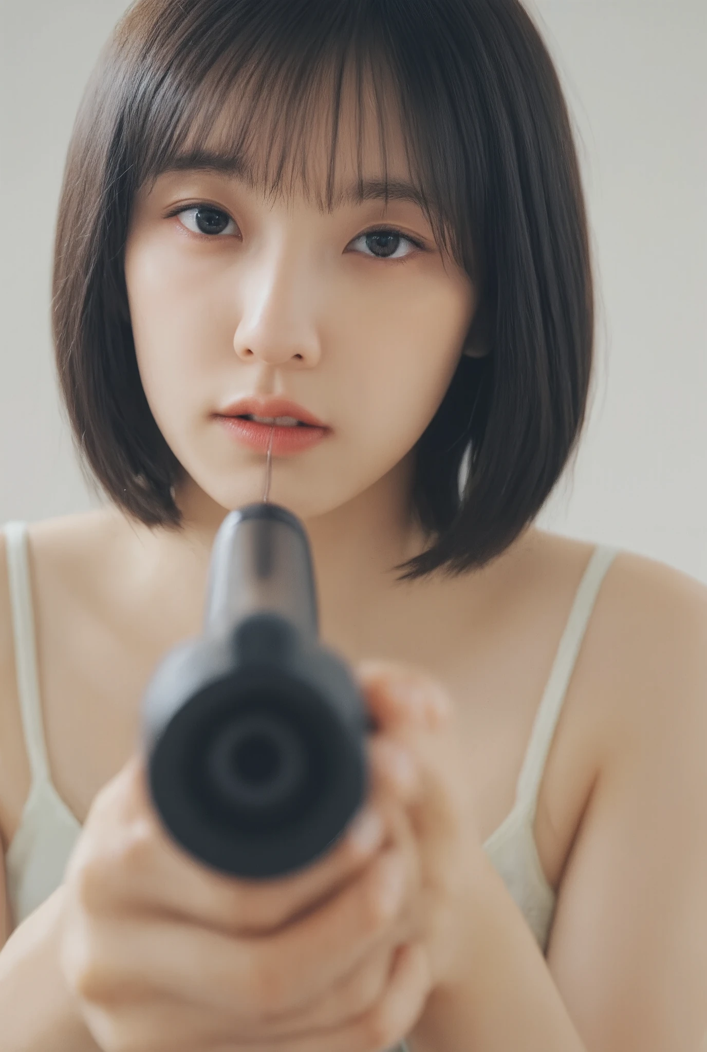 The girl is aiming the gun. Her face is very innocent and pretty Korean girl. She is naked. The photo contains her upper body.