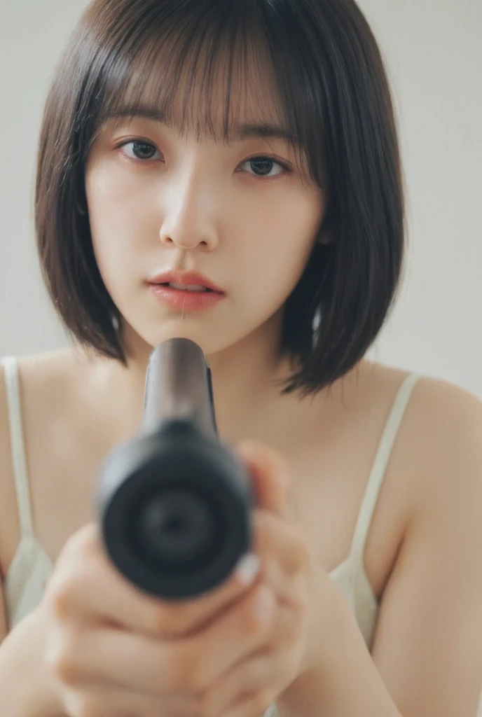 The girl is aiming the gun. Her face is very innocent and pretty Korean girl. She is naked. The photo contains her upper body.