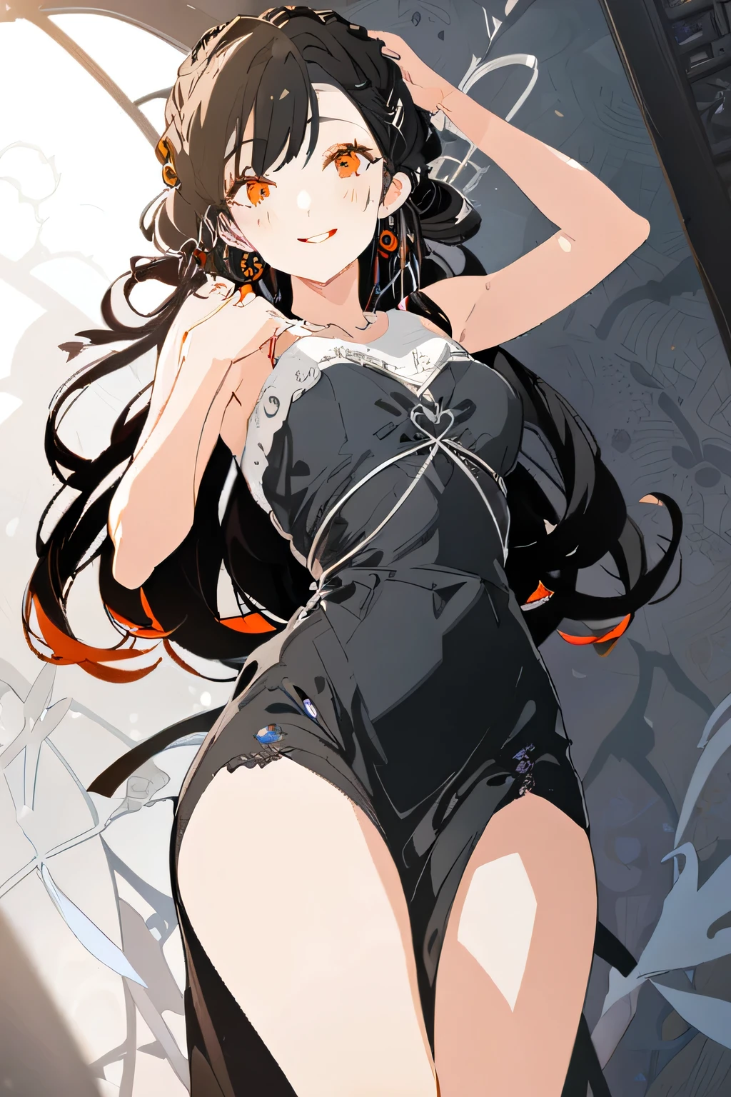 a smiling girl, masterpiece, highest quality, official art, flat color, colorful, , 1 girl, alone, white background, 2D, Braid, braid hair,,white dress,,white shirts,,gothic dress,,looking viwer, tied hair,(gothic dress),goth,,see through,