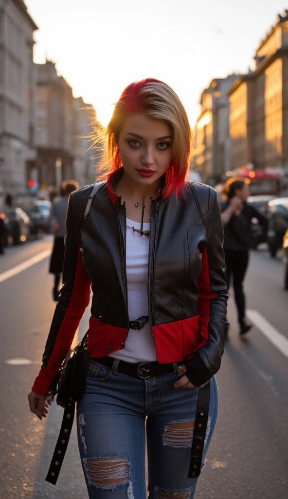 Feminine punk girl with blond hair combed to the right and dyed red hair ends, in a leather biker jacket, torn jeans with patches, a detailed face, brown eyes, a pretty nose with a small ring-piercing in the left nostril, the girl walks along the street of evening autumn St. Petersburg, in the background the setting sun,