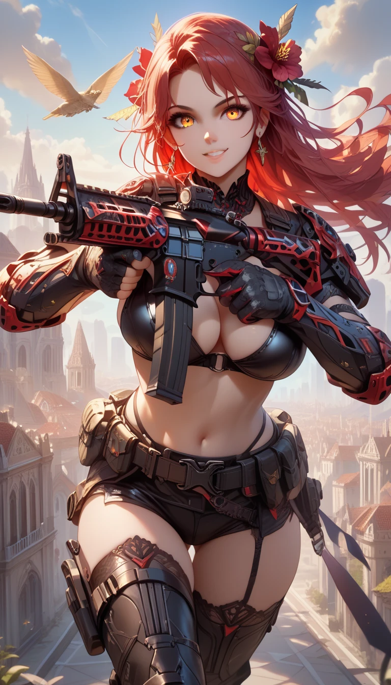 ultra-detailed, 1girl, solo, (masterpiece)), (best quality), (highres), 16K, yellow_eyes, red hair, earrings, jewelry, black gloves, hair flower, wearing black bikini, tactical gear, tactical belt, thigh boots, busty body, large breasts and a beautiful ass, showcasing cleavage, legs, hips, holding assault rifle, looking at viewer, detailed face, smile, detailed hair, detailed full body, city background