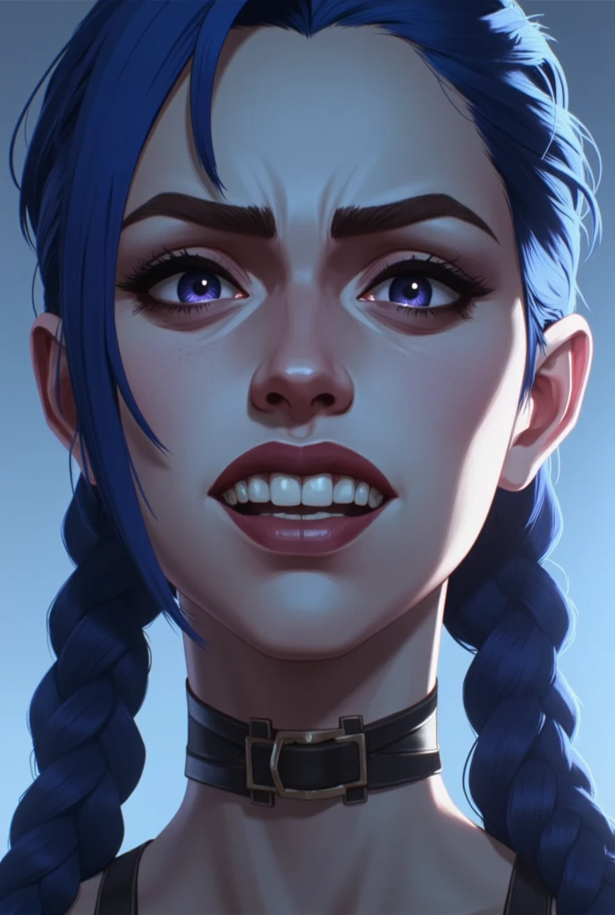 Jinx from Arcane, face image , beautiful girl, crazy face, big smile,  perfect teeth ,  long hair, by the blue, Two long braids,  face illuminated in the shade ,  torture machines ,  purple eyes,  perfect eyes ,  character from League of Legends, Feel anger , bottom view, imagen realista, HD,  High resolution,  masterpiece, necessary, anatomically correct,  Awarded many times ,  The best quality , Detail, Details altos, HD model,  lyrics, quality,  text, Retina,  Textured skin , UHD, Shine,  Plano lingerie,  From below,  Photo test model , cinematografía, conceptual art, Hyperrealism,  photorealistic , Retrato fotográfico, realism, wallpaper style,  Arcane series 