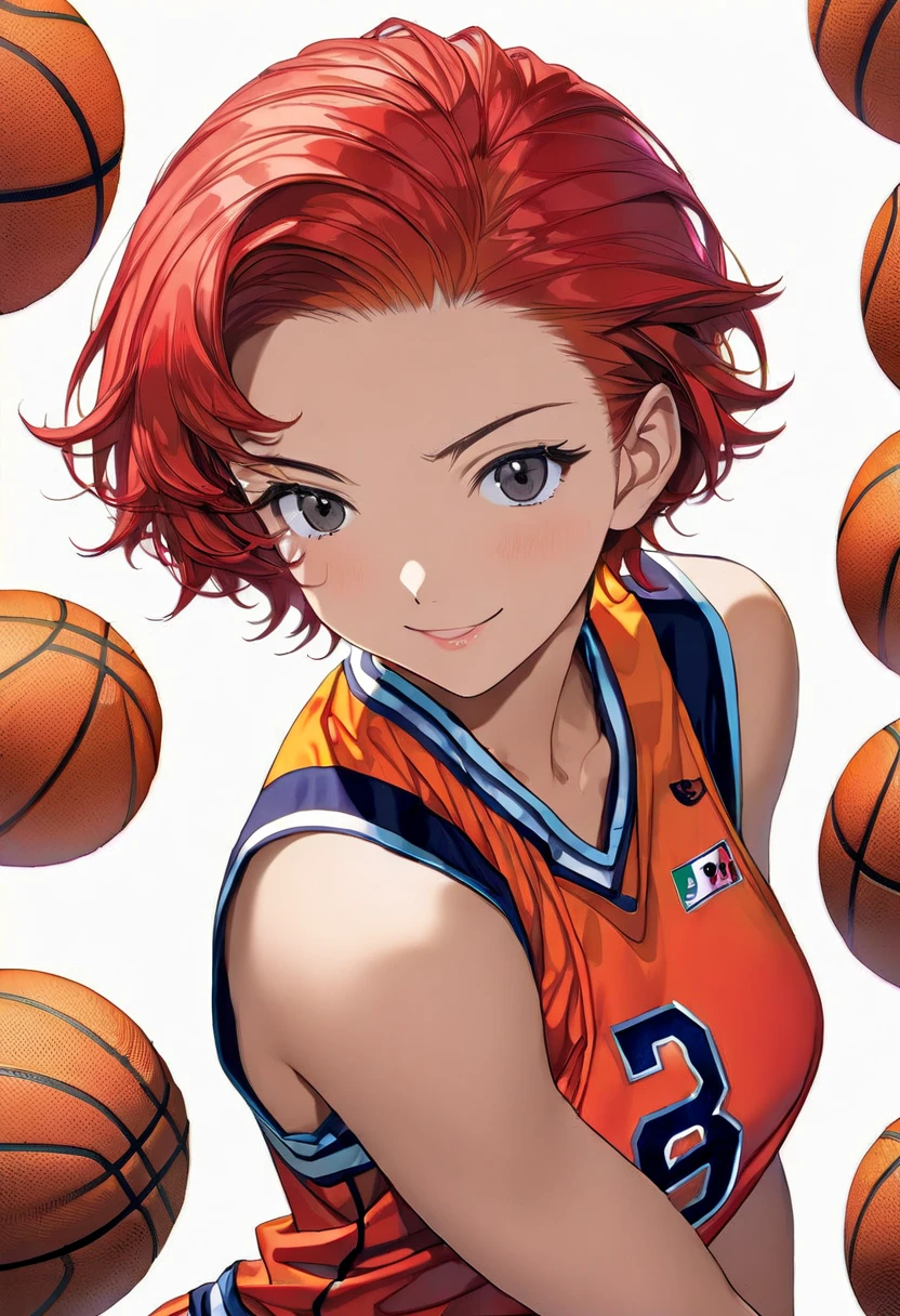 masterpiece, Best Quality, High resolution,16k,official art,super detailed skin,detailed,animated painting, Takarada Rikka ,1990s \(style\)1 girl,(((berry short cut:2.0))),(red hair,swept-back:1.7),cropped hair,hair slicked leftback,(basketball uniform:1.5),skull necklace,big black eyes,long eyelashes,Muscular、(Navel exposed,clevage:1.5),(F cup beautiful breasts)、25years old, (tall:1.2),height: 175cm,Sexy long legs,Fashion model body type,solo,big laugh,happy、Shy、Shyness,Cool look,blush,A composition that shows the upper body,front view,looking at viewer,cinematic lighting,(simple white background:1.5)、(sexy:1.5) ,dynamic angle