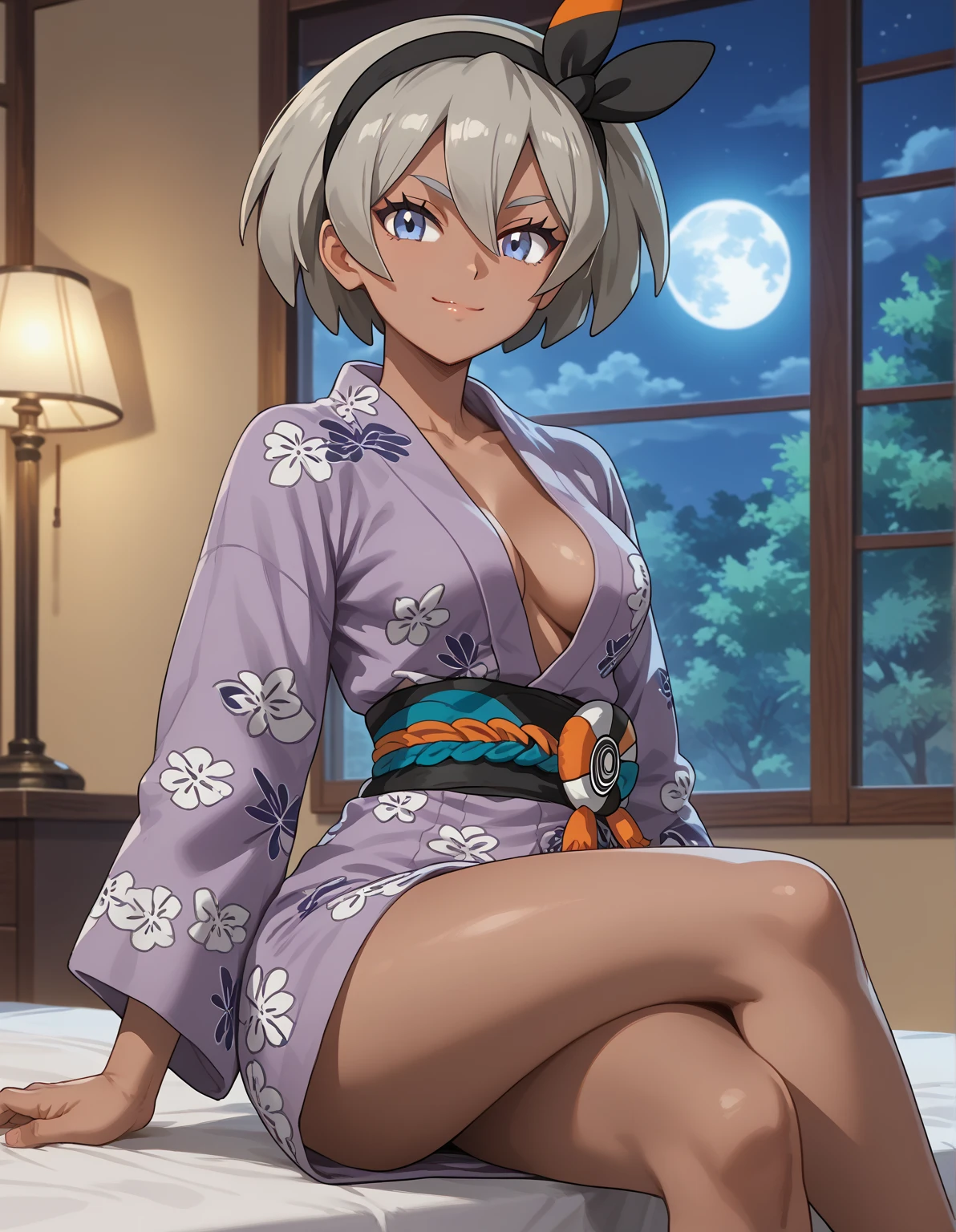  best quality, anime screencap, 1girl, solo, medium breasts, pokemonbea, blue eyes, dark skin, dark-skinned female, grey hair, hair between eyes, short hair, pokemon, pokemon_(anime), pokemon_journeys, pokemon_sv, pokemon_bw2, girl, solo, closed mouth, light smile, yukata, purple kimono, open kimono, breast, sitting, crossed legs, looking at viewer, indoors, window, night, moon, anime screencap