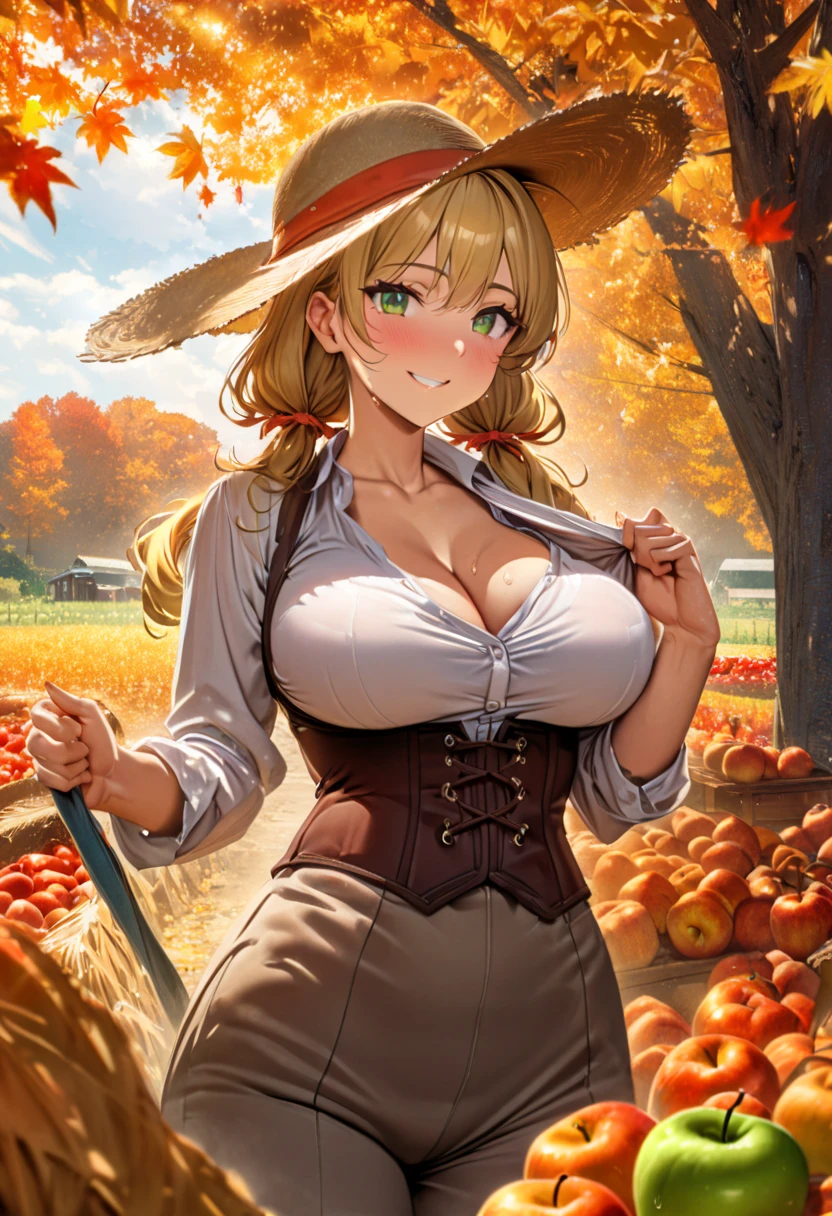 a woman with long blonde hair, long thick twin tails, green cat eyes, big rim straw hat, wearing farm clothes with a underbust corset, well detailed, smiling, big breasts, trees in the background, HDR, ultra resolution, well defined, masterpiece, 8K HD. (solo woman), autumn, fall colors, harvest time, New England, tomboy, athletic build, 1950’s, shirt unbuttoned, cleavage on display, apple farm, pulling a handkerchief from between her breasts, covered in sweat, skin glistening,
