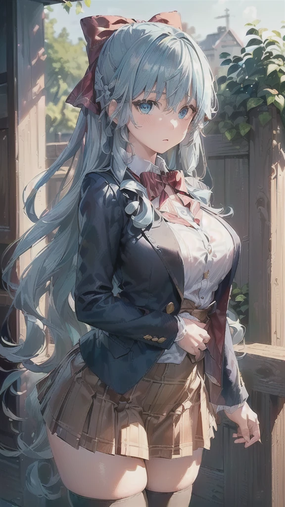 ((((masterpiece, extremely detailed, best quality, (liselottecretia), 1girl, blue hair, (long hair, hair between eyes, hair ribbon), blue eyes, large breasts, red bow, striped bow, blazer, blue jacket, long sleeves, plaid skirt, brown skirt, black thighhighs, outdoors, cowboy shot, standing, looking at viewer,