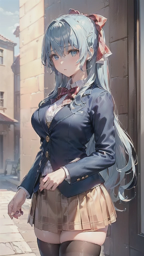 ((((masterpiece, extremely detailed, best quality, (liselottecretia), 1girl, blue hair, (long hair, hair between eyes, hair ribbon), blue eyes, large breasts, red bow, striped bow, blazer, blue jacket, long sleeves, plaid skirt, brown skirt, black thighhighs, outdoors, cowboy shot, standing, looking at viewer,