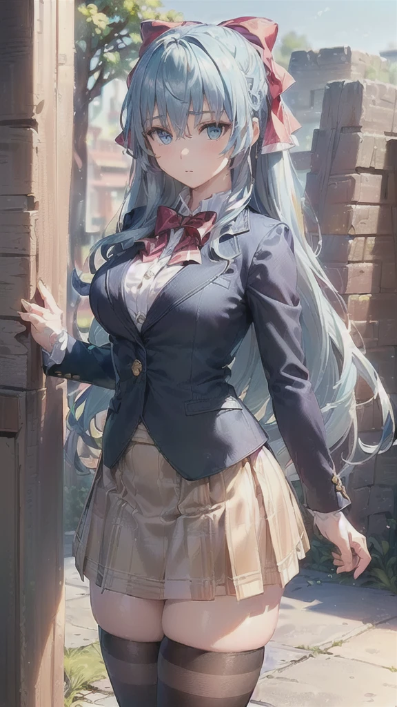 ((((masterpiece, extremely detailed, best quality, (liselottecretia), 1girl, blue hair, (long hair, hair between eyes, hair ribbon), blue eyes, large breasts, red bow, striped bow, blazer, blue jacket, long sleeves, plaid skirt, brown skirt, black thighhighs, outdoors, cowboy shot, standing, looking at viewer,