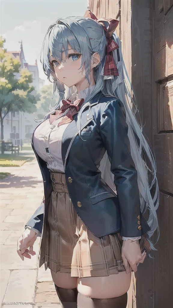 ((((masterpiece, extremely detailed, best quality, (liselottecretia), 1girl, blue hair, (long hair, hair between eyes, hair ribbon), blue eyes, large breasts, red bow, striped bow, blazer, blue jacket, long sleeves, plaid skirt, brown skirt, black thighhighs, outdoors, cowboy shot, standing, looking at viewer,