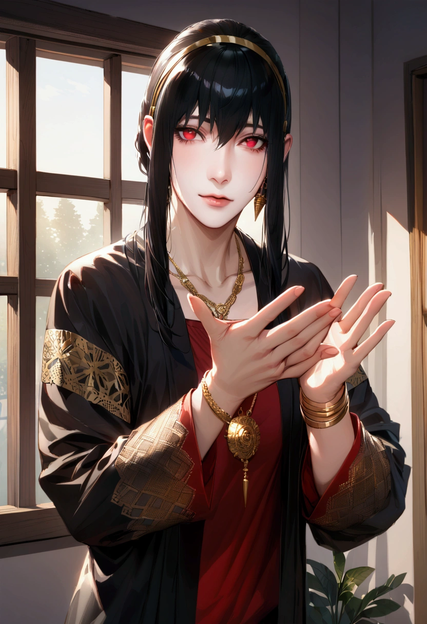 absurdres, highres, ultra detailed, HDR, master piece, best quality, extremely detailed face and eyes, perfect face, realistic face, beautiful eyes, Briar, black hair, expressive red eyes, Black jacket, Red shirt, patterns, solo, man, handsome.{ Black HAIR} {d6aa03 eyes }Arms: Both hands are raised, with fingers running through their hips. Attire: Wearing a black kimono with subtle golden patterns on the sleeves. Accessories: Various necklaces and bracelets. Background: Potted plant near a window with curtains. Setting: Bedroom with natural light coming through the window.