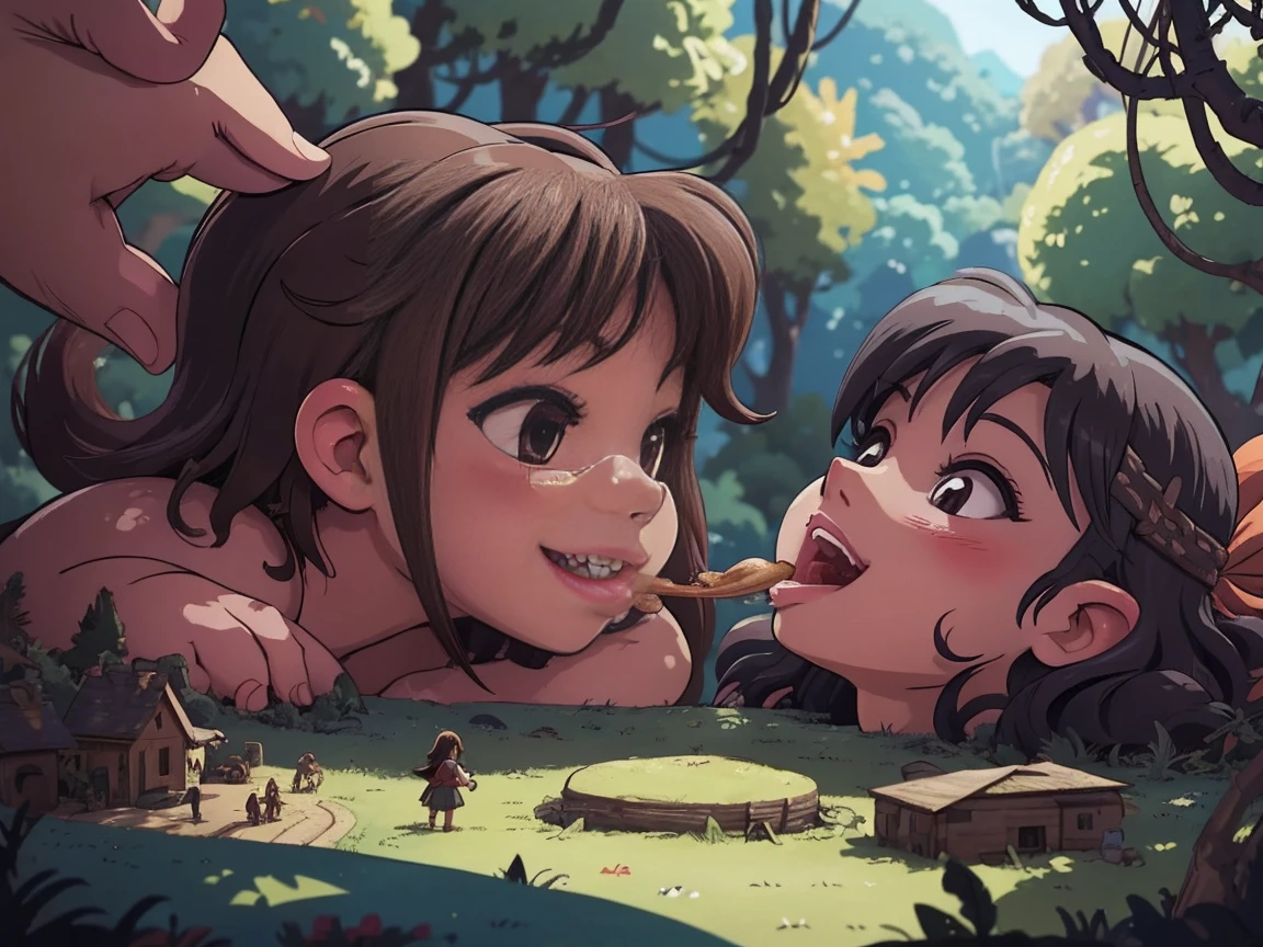 giantess eating small people,vore illustrate,Smile and open your mouth wide、Powerful Low-Angle、Eatable POV、Lie face down on the ground、Adult women、anime、Erotic anime、Hentai anime、nude、Sunset、blush、Black Hair、Brown Hair、smile、steam、Indigenous women、Primitive woman、in the forest、Woman looking down on a dwarf、Low - Angle、View from the ground、Horror、Woman destroying a small village、A small abandoned village、Small residents fleeing、Two women enjoying destruction、Lifting a tiny person、Eat little people、Close-up of the mouth、Enlarged view of the face
