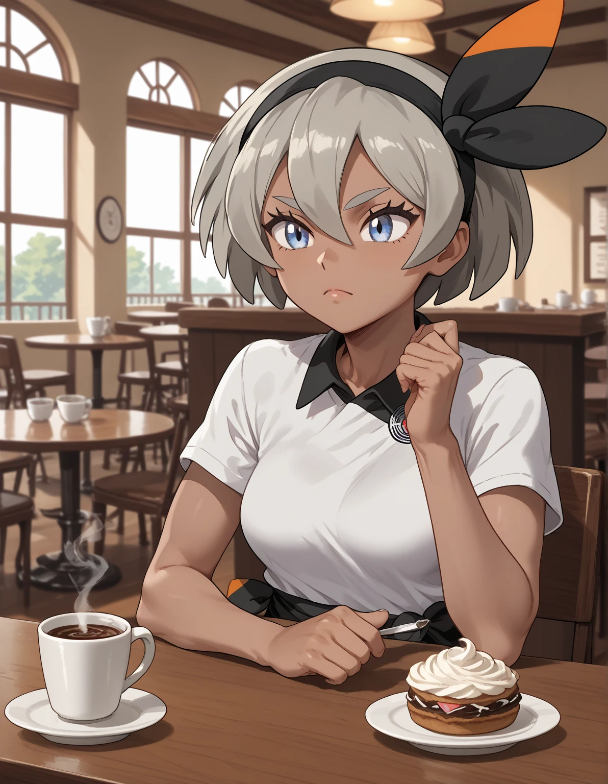  best quality, anime screencap, 1girl, solo, medium breasts, pokemonbea, blue eyes, dark skin, dark-skinned female, grey hair, hair between eyes, short hair, pokemon, pokemon_(anime), pokemon_journeys, pokemon_sv, pokemon_bw2, cafe, sitting, table, coffee, flirting, 