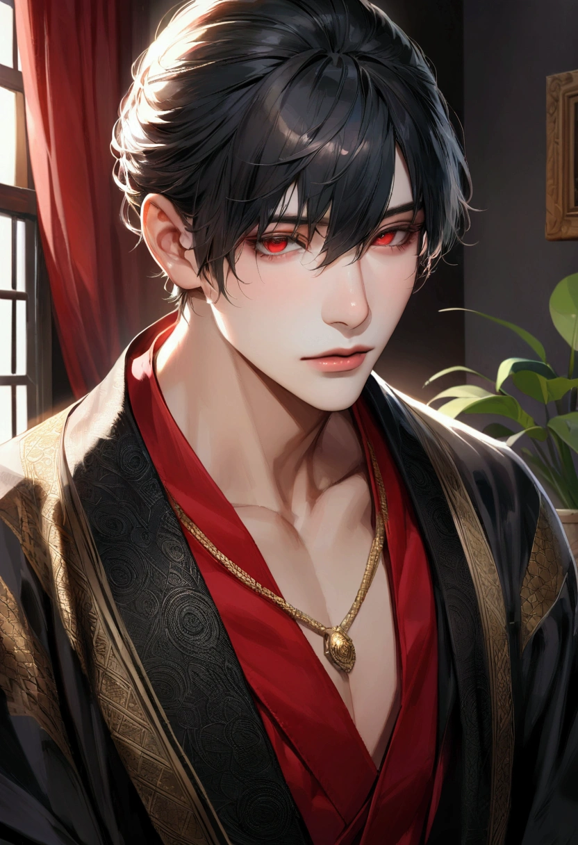  absurdres, highres, ultra detailed, HDR, master piece, best quality, extremely detailed face and eyes, perfect face, realistic face, beautiful eyes, Briar, black hair, expressive red eyes, Black jacket, Red shirt, patterns, solo, man, handsome.{ Black HAIR} {d6aa03 eyes }Attire: Wearing a black kimono with subtle golden patterns on the sleeves. Accessories: Various necklaces and bracelets. Background: Potted plant near a window with curtains. Setting: Bedroom with natural light coming through the window.