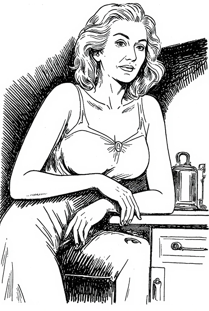 black ink outlines drawing of sexy old gilf grandma with massive clevage leaning over her kitchen counter