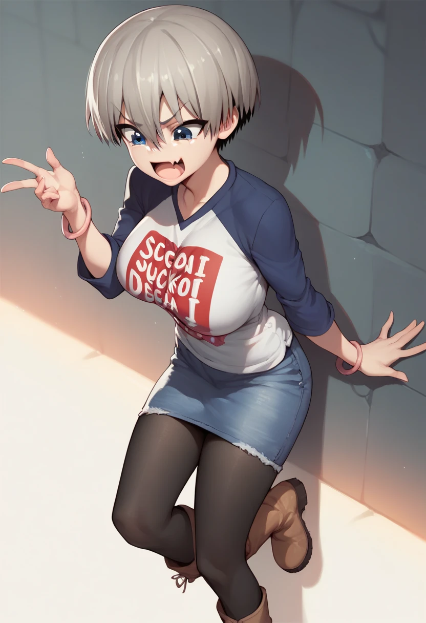 1girl, uzaki hana, grey hair, short hair, hair between eyes, bangs, blue eyes, skin fang, large breasts
black pantyhose, boots, bracelet, clothes writing, denim skirt, long sleeves, raglan sleeves