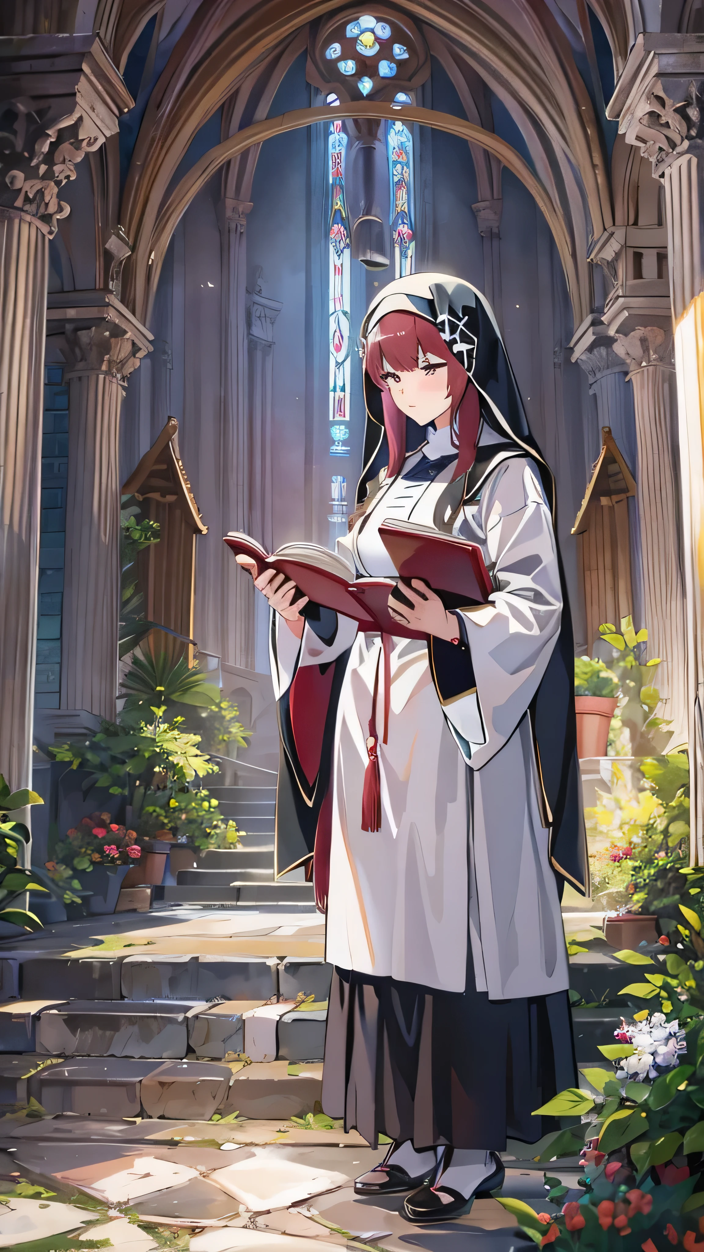  highdefinition images,nun、cross、Bible、Maroon hair in the garden 、church、Realistic and detailed face、美しいnunの全身高画質画像、 Woman in a black monastery uniform 、 (Inside Church's Cathedral )  Light shines through stained glass。