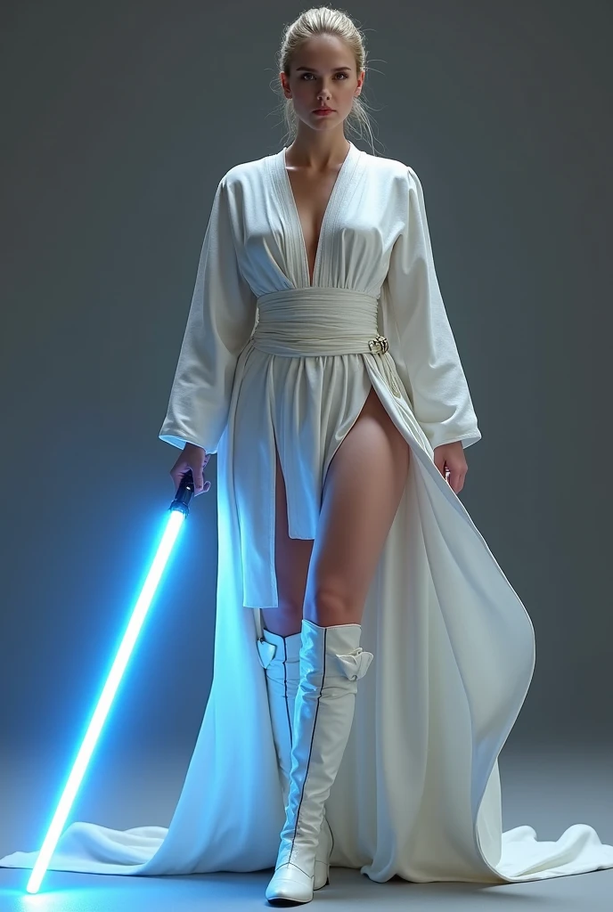 Full body. An ultra hot gorgeous European woman covered in loose clothing. White cotton veils. Large breat. ((Her face is hidden behind a futuristic helmet )).A sci-fi image. In an aseptic setting..