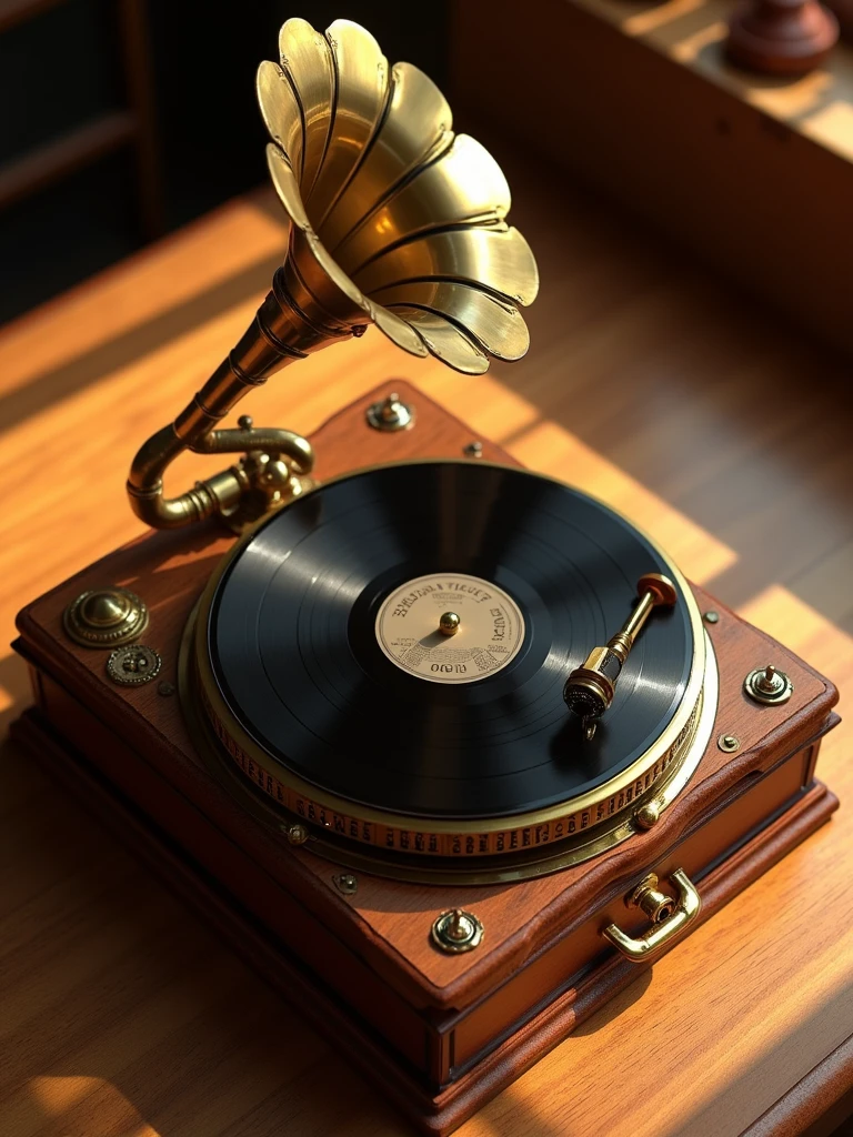 resolution="8k, ultra-detailed, fine details, high-quality artwork",  
style="vivid and festive Brazilian carnival-inspired illustration",  
subject="a vintage record player, adorned with vibrant tropical motifs like feathers, sequins, and colorful gemstones, capturing the energy and spirit of Rio de Janeiro’s samba culture",  
details="the record player’s base is crafted from polished tropical wood, decorated with intricate patterns of carnival masks, vibrant feathers, and metallic accents, the horn is painted in shimmering gold and surrounded by bursts of bright colors, exuding a radiant glow",  
lighting="bright and dynamic lighting, mimicking the dazzling effect of Rio’s carnival nights, with colorful reflections of green, yellow, and blue lights creating a mesmerizing atmosphere",  
background="a lively street scene of Rio de Janeiro during Carnaval, with samba dancers, parade floats, and the iconic Sugarloaf Mountain visible in the distance, confetti and streamers filling the air",  
atmosphere="joyful and energetic, capturing the rhythm and movement of samba music, with an infectious sense of celebration and cultural pride",  
effects="musical notes and vibrant energy radiate from the record player, blending with the lively sounds of samba percussion and brass instruments, adding a surreal, festive touch to the scene",  
composition="central focus on the record player, surrounded by a carnival parade in full swing, balancing the intricate details of the player with the vibrant, lively background, evoking the essence of Brazilian music and culture"